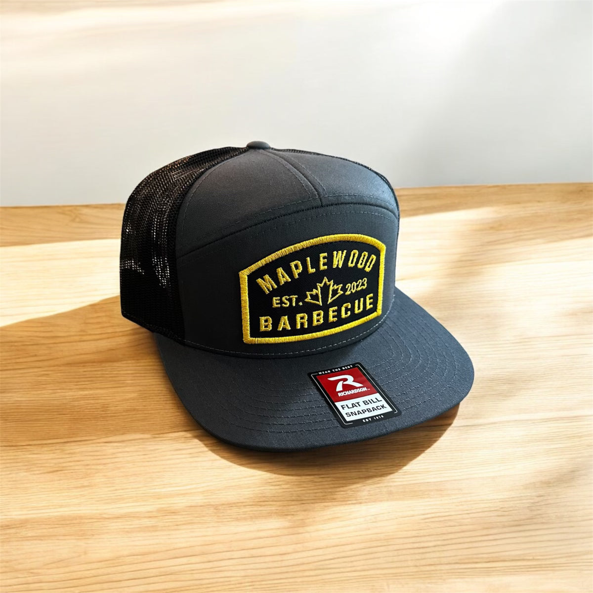 Maplewood BBQ Flat Bill Snapback Patch Hats - Charcoal with Gold Patch