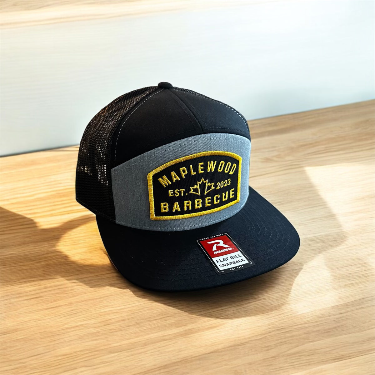 Maplewood BBQ Flat Bill Snapback Patch Hats - Heather Gray Pannel with Gold Patch