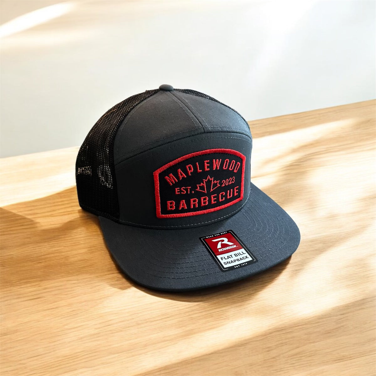 Maplewood BBQ Flat Bill Snapback Patch Hats - Charcoal with Red Patch