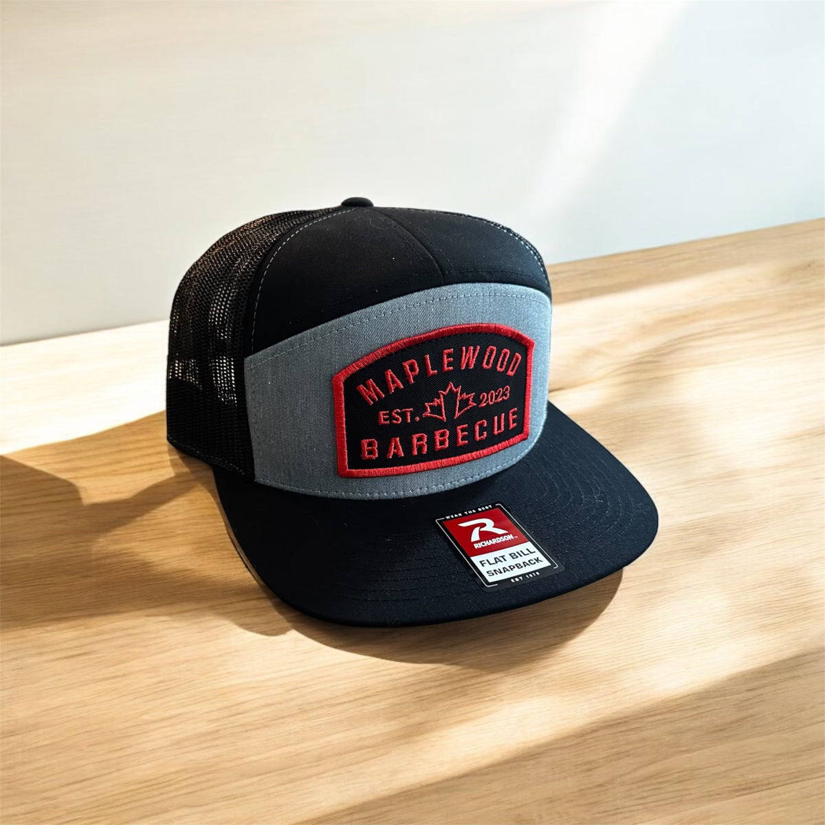 Maplewood BBQ Flat Bill Snapback Patch Hats - Heather Gray Pannel with Red Patch